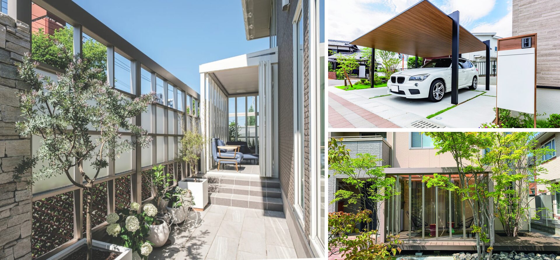 植栽と目隠しフェンスに囲まれたテラス、木調屋根のカーポート、緑豊かな庭に面したガーデンルームの施工事例